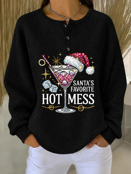 Women Text Letters Henley Collar Casual Spring/Fall Long Sleeve Sweatshirt