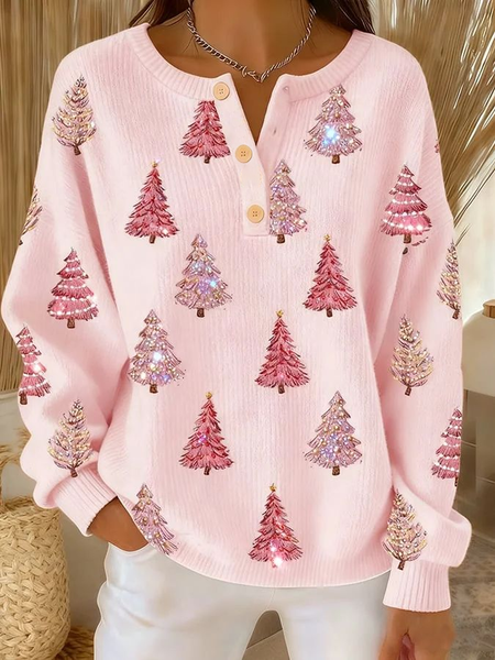Women Christmas Henley Collar Printing Vintage Spring/Fall Long Sleeve Sweatshirt