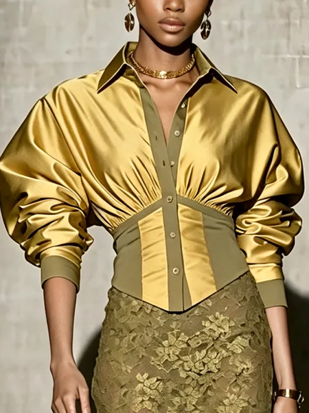 Satin Elegant Color Block Split Joint Shirt Collar Shirt