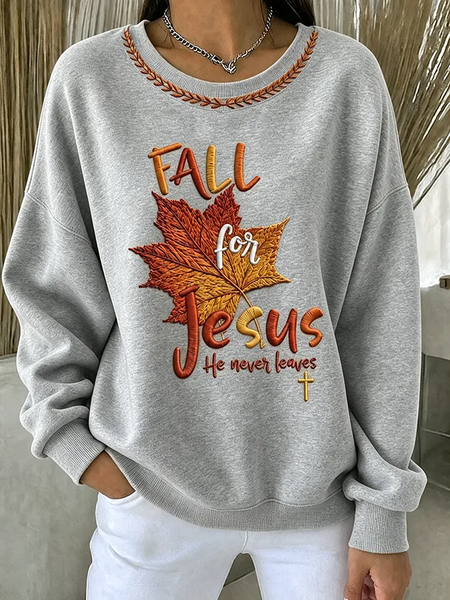 Women Maple Leaf Crew Neck Printing Casual Spring/Fall Long Sleeve Sweatshirt