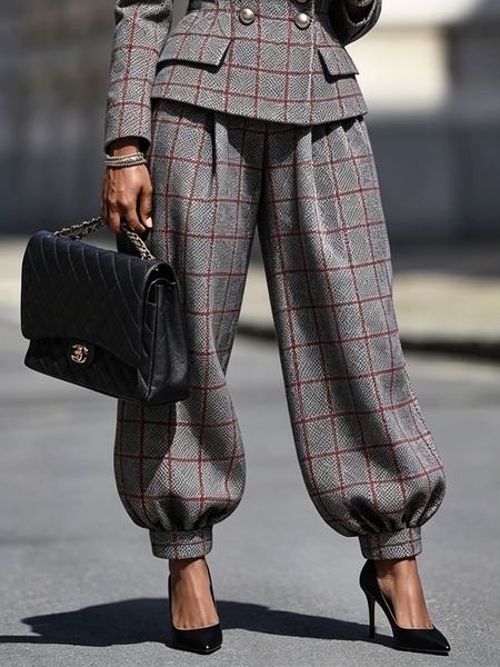 Urban Plaid Printing Ankle Banded Pants Ankle Banded Pants