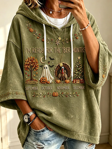 Women Maple Leaf Printing Half Sleeve Casual Daily Spring/Fall Hoodie