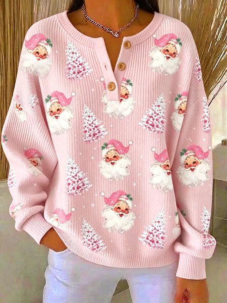 Women Santa Claus Henley Collar Printing Vintage Spring/Fall Long Sleeve Sweatshirt