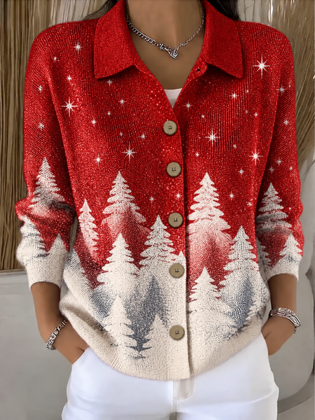Regular Fit Shawl Collar Star Simple Knit Top