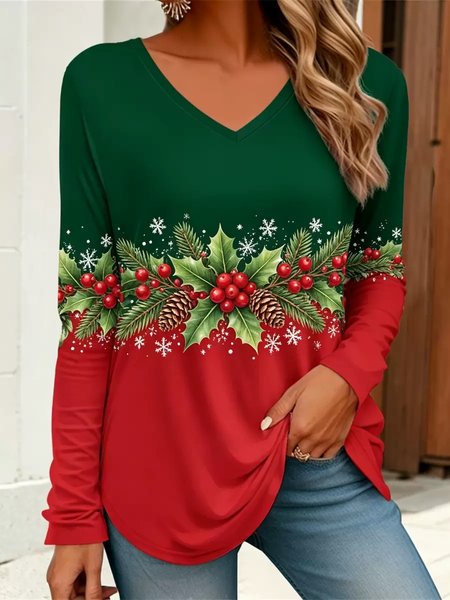 Women Color Block Long Sleeve Tee T-shirt V Neck Printing Casual Spring/Fall Top