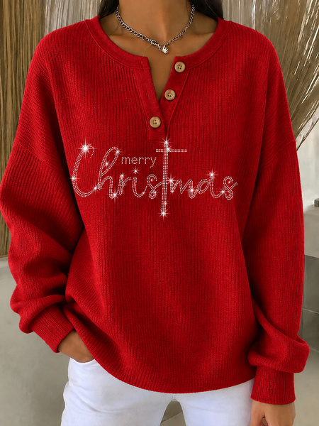 Women Christmas Henley Collar Printing Vintage Spring/Fall Long Sleeve Sweatshirt