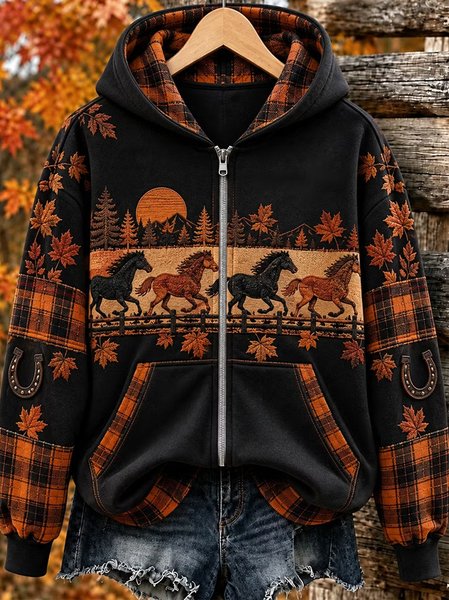 Women Spring/Fall Outerwear Vintage Ethnic Geometry Long Sleeve Hoodie Jacket