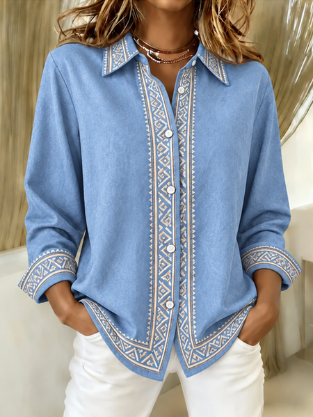 Women Geometric Shirt Collar Long Sleeve Shirt Vintage Daily Spring/Fall Top