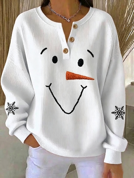 Women Christmas Snowman Henley Collar Printing Vintage Spring/Fall Long Sleeve Sweatshirt