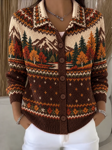 Regular Fit Shawl Collar Geometric Simple Knit Top