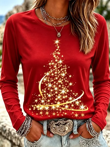 Vintage Christmas Tree Crew Neck Long Sleeve T-shirt