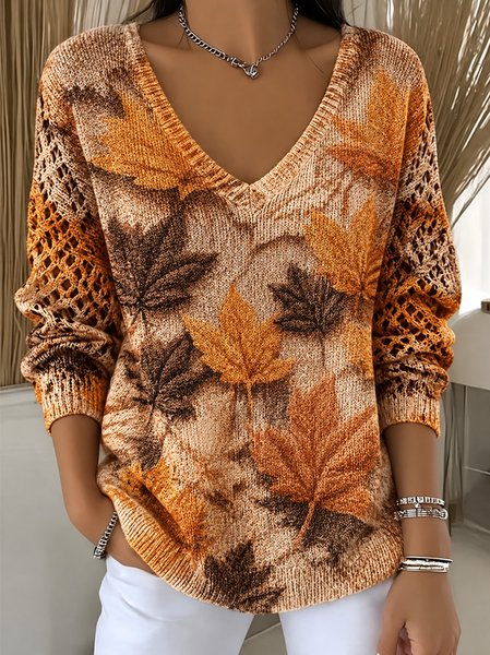 Women Maple Leaf Long Sleeve Tee T-shirt V Neck Vintage Spring/Fall Top