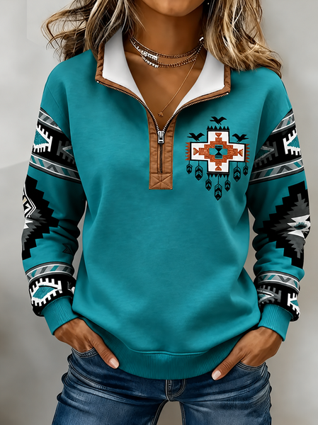 Women Geometric Half Open Collar Casual Spring/Fall Long Sleeve Sweatshirt