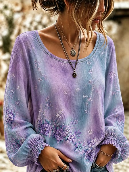 Women Floral Crew Neck Long Sleeve Blouse Vintage Daily Spring/Fall Top