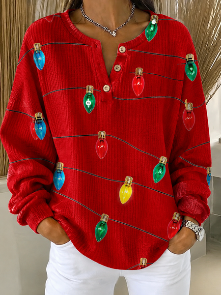 Women Christmas Henley Collar Printing Vintage Spring/Fall Long Sleeve Sweatshirt