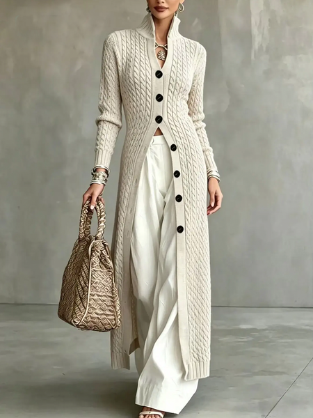 Medium Elasticity Casual Plain Stand Collar Long Sweater Cardigan