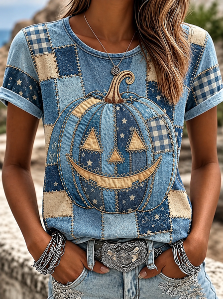 Casual Halloween (pumpkin) Crew Neck Short Sleeve T-shirt