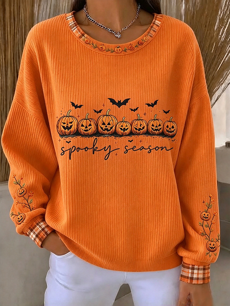 Women Plaid Crew Neck Printing Casual Spring/Fall Long Sleeve Sweatshirt