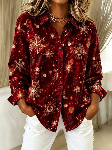 Women Christmas Shawl Collar Long Sleeve Shirt Vintage Daily Spring/Fall Top