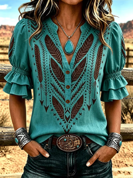 Women Wild West V Neck Half Sleeve Shirt Printing Vintage Daily Summer Top
