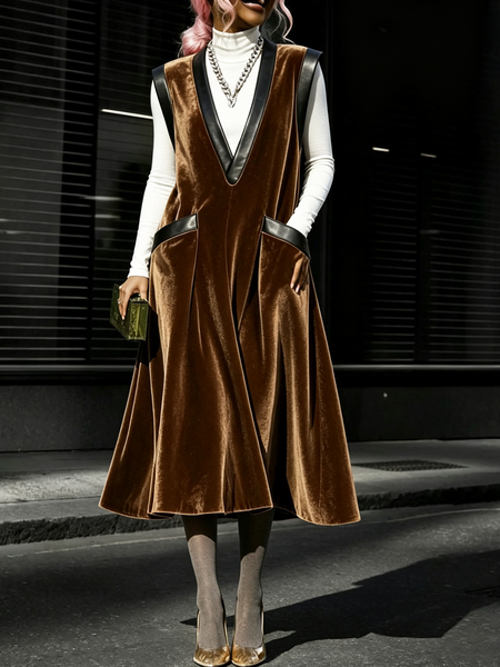 Micro-Elasticity Urban Color Block Split Joint V Neck Midi Dress