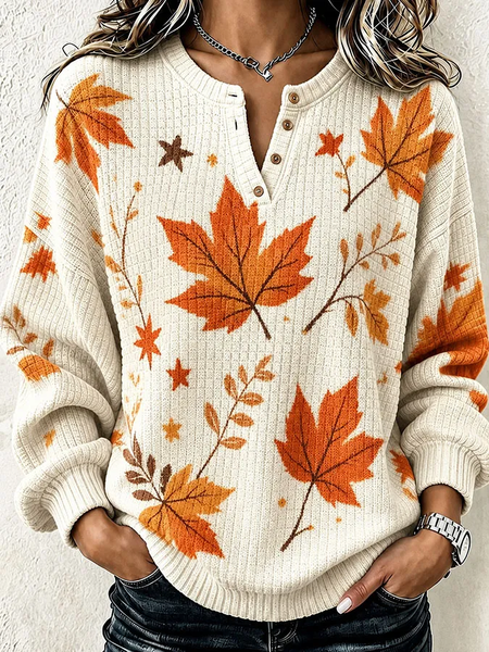 Women Maple Leaf Crew Neck Printing Casual Spring/Fall Long Sleeve Sweatshirt