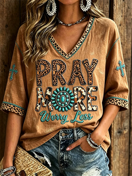 Vintage Wild West V Neck Half Sleeve T-shirt