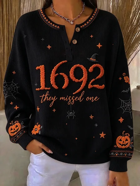 Vintage Text Letters Henley Collar Long Sleeve Sweatshirt