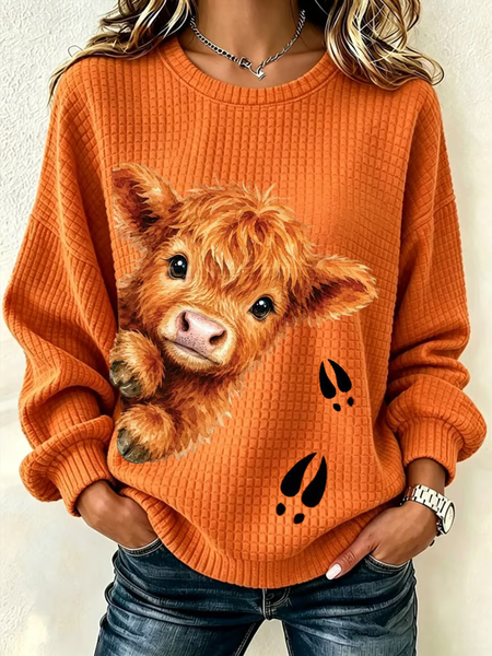 Women Cattle Crew Neck Printing Casual Spring/Fall Long Sleeve Sweatshirt