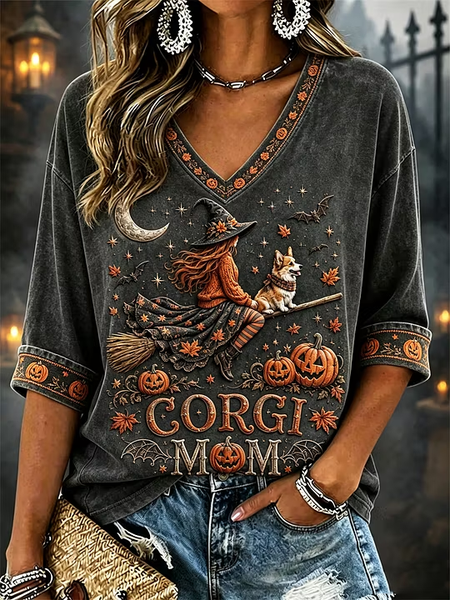 Vintage Text Letters V Neck Half Sleeve T-shirt