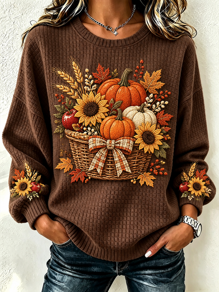 Women Maple Leaf Henley Collar Casual Spring/Fall Long Sleeve Sweatshirt