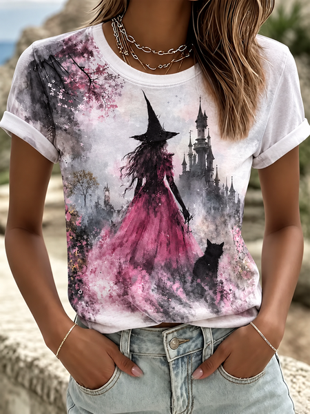 Casual Cat Crew Neck Short Sleeve T-shirt