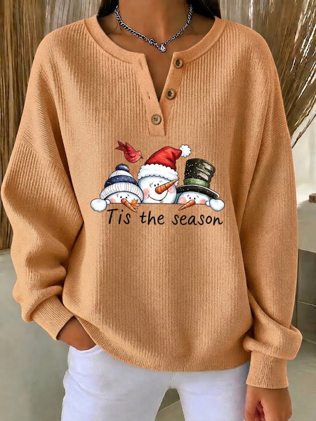 Women Christmas Snowman Henley Collar Printing Vintage Spring/Fall Long Sleeve Sweatshirt