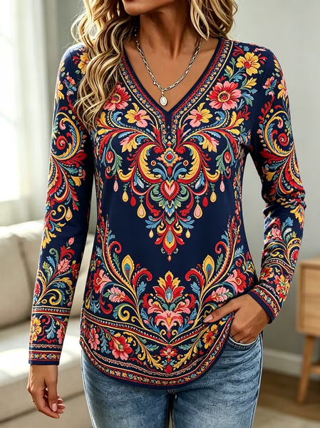 Casual Wild West V Neck Long Sleeve T-shirt