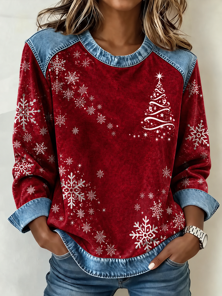 Casual Snowflake Crew Neck Long Sleeve Sweatshirt