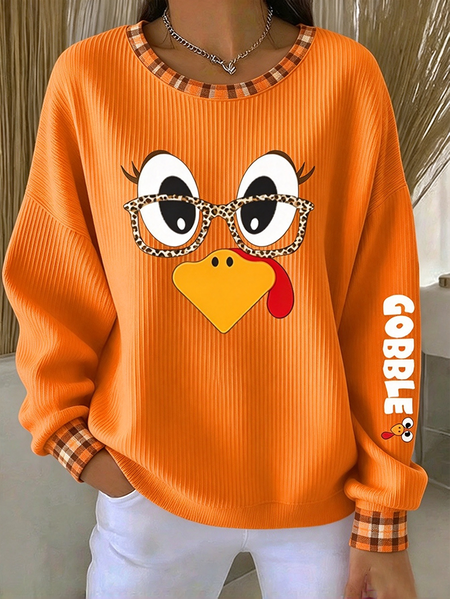 Women Turkey Crew Neck Printing Casual Spring/Fall Long Sleeve Sweatshirt
