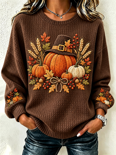 Women Maple Leaf Henley Collar Casual Spring/Fall Long Sleeve Sweatshirt