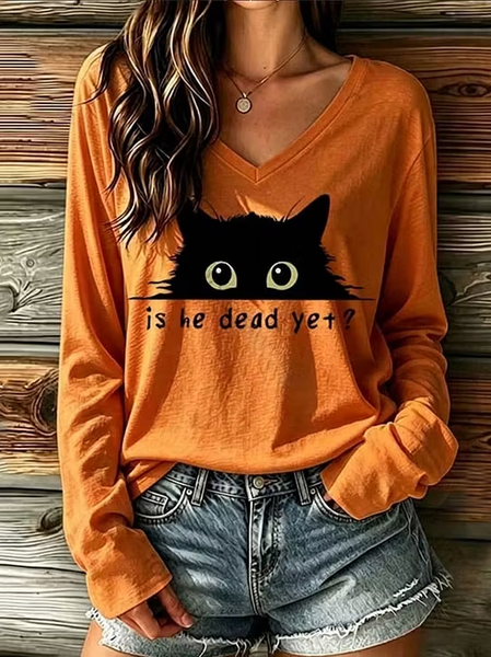 Casual Text Letters V Neck Long Sleeve T-shirt