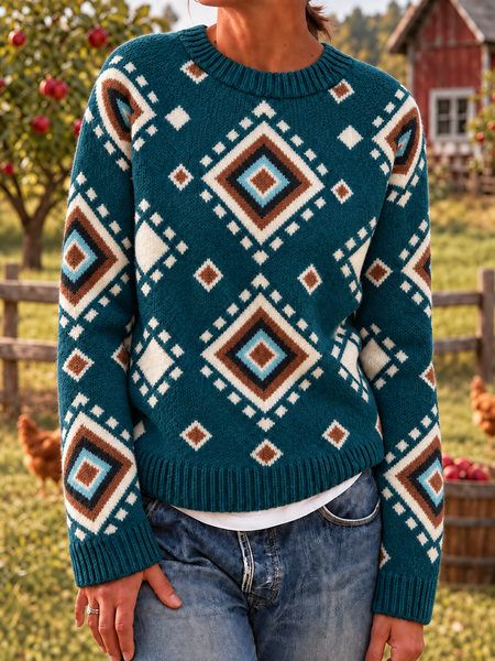 Vintage Ethnic Geometry Crew Neck Long Sleeve Sweatshirt