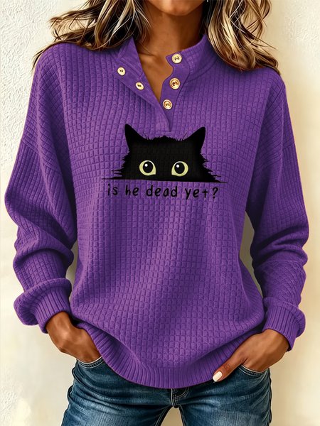 Vintage Cat Half Open Collar Long Sleeve Sweatshirt