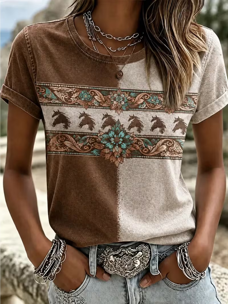 Casual Wild West Crew Neck Short Sleeve T-shirt