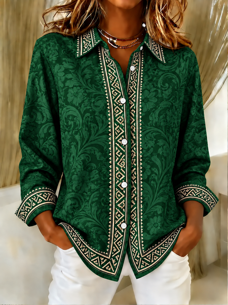 Women Geometric Shirt Collar Long Sleeve Shirt Vintage Daily Spring/Fall Top