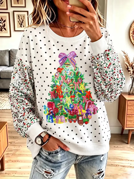 Women Polka Dots Crew Neck Printing Casual Spring/Fall Long Sleeve Sweatshirt