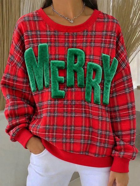 Women Plaid Crew Neck Printing Casual Spring/Fall Long Sleeve Sweatshirt