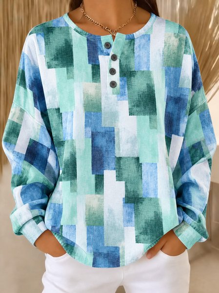Women Geometric Henley Collar Casual Spring/Fall Long Sleeve Sweatshirt
