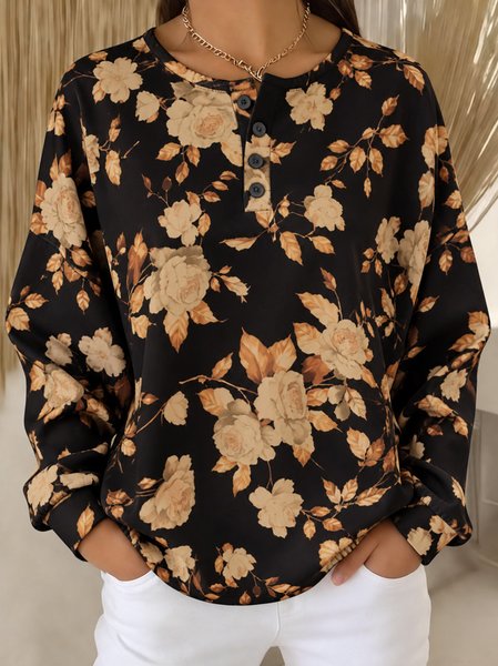 Women Floral Henley Collar Casual Spring/Fall Long Sleeve Sweatshirt