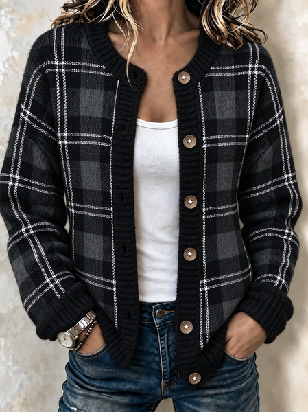 Women Plaid Long Sleeve Comfy Casual Cardigan