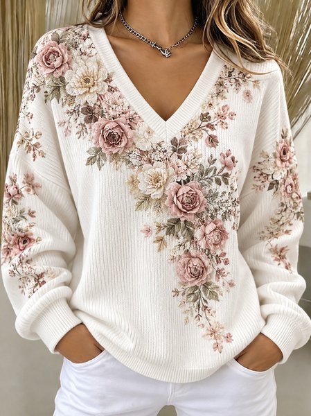 Vintage Floral V Neck Long Sleeve T-shirt