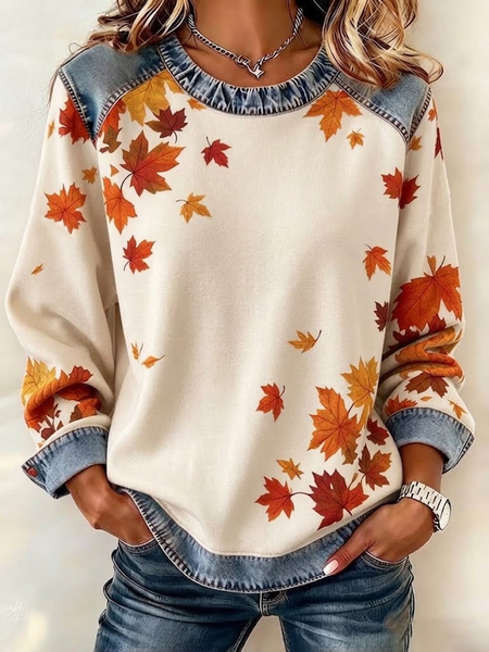 Vintage Maple Leaf Crew Neck Long Sleeve Sweatshirt