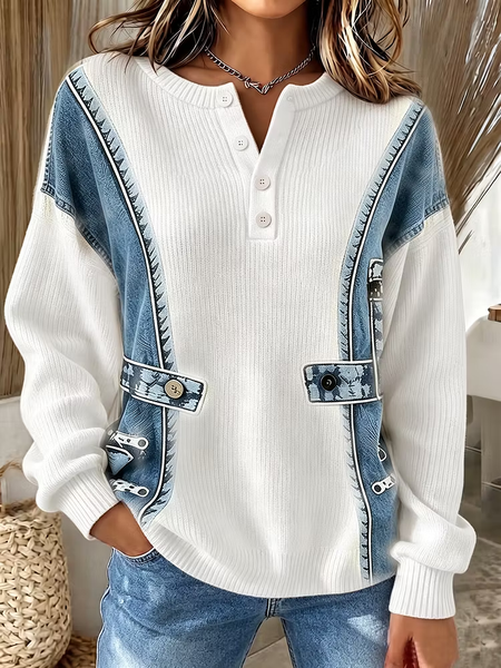 Women Faux Denim Print Graphic Henley Collar Printing Vintage Spring/Fall Long Sleeve Sweatshirt